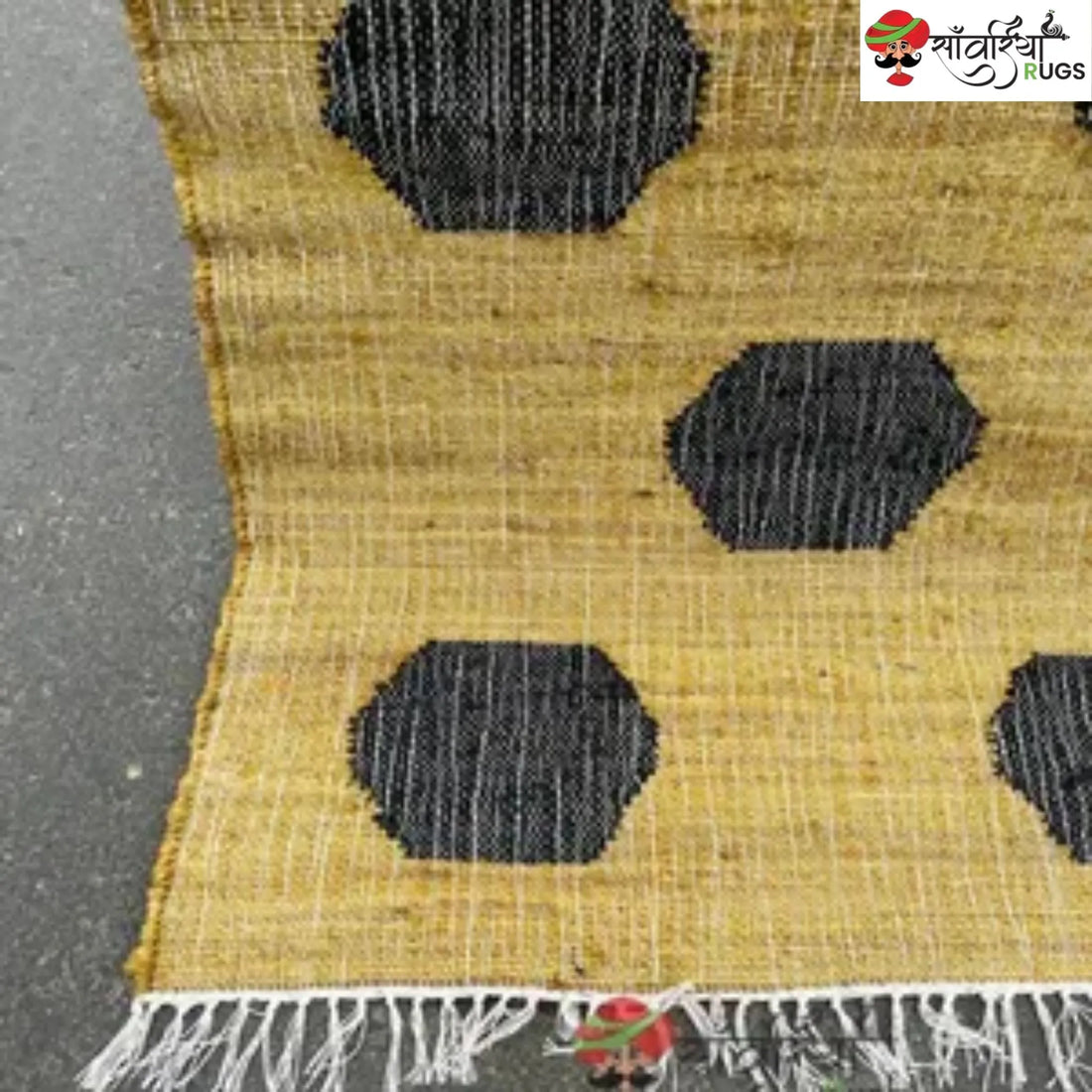 Handmade Yellow Black Jute Cotton Boho Geometric Rug