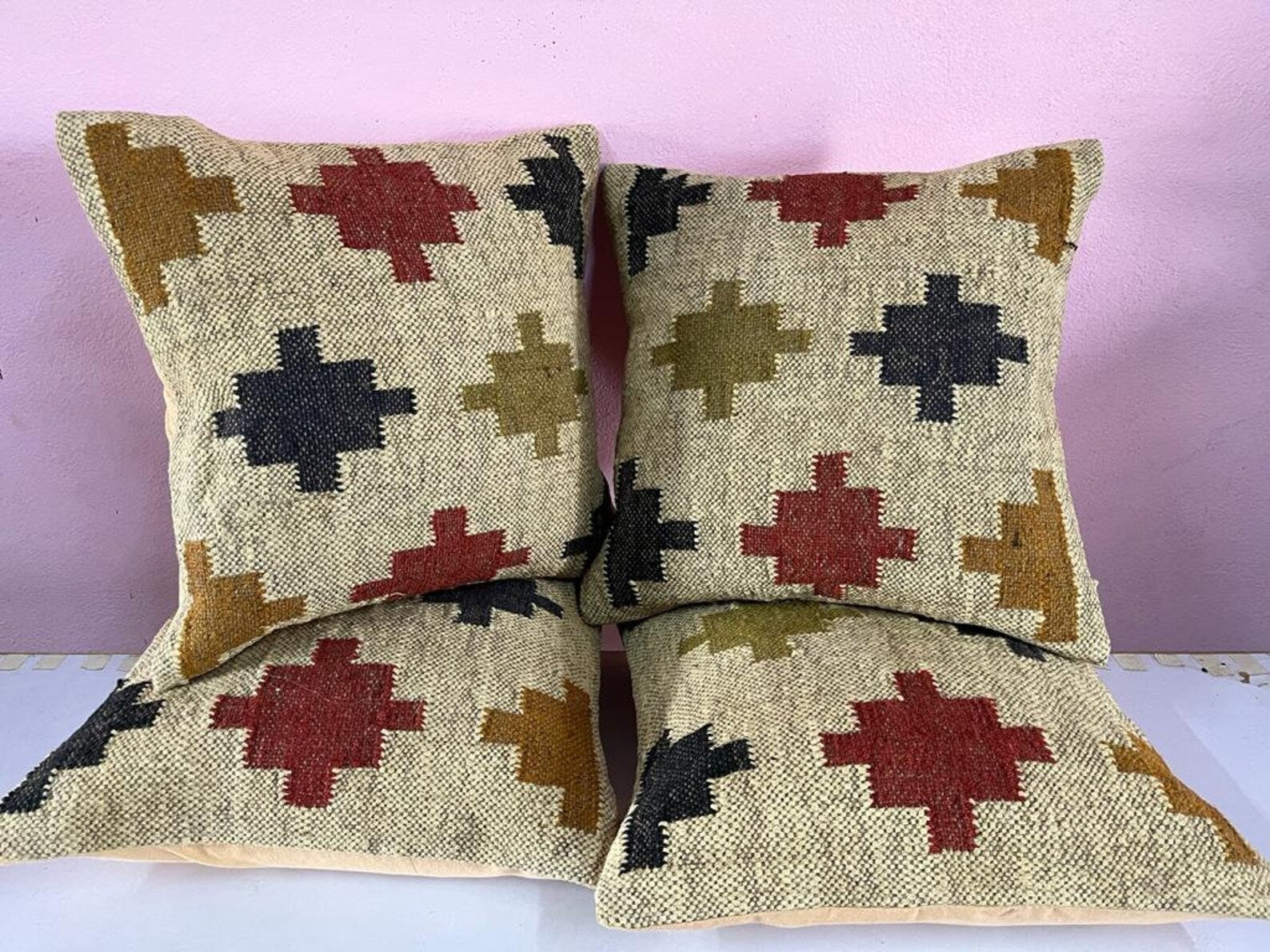 4 Set of Handmade Kilim Cushion Covers | Vintage Bohemian Throw Pillows | Wool & Jute Turkish Pillow Set for Home Decor