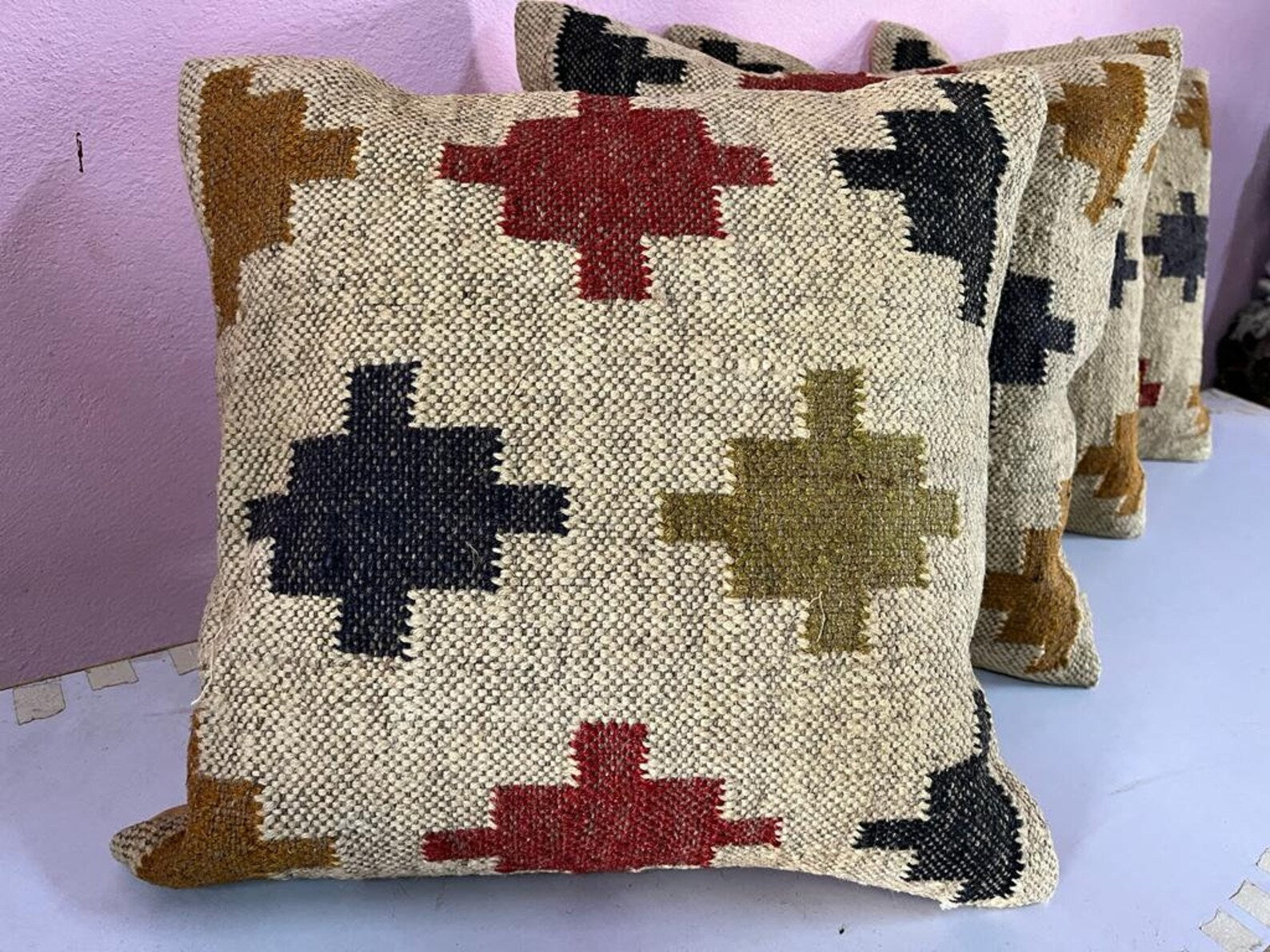 4 Set of Handmade Kilim Cushion Covers | Vintage Bohemian Throw Pillows | Wool & Jute Turkish Pillow Set for Home Decor