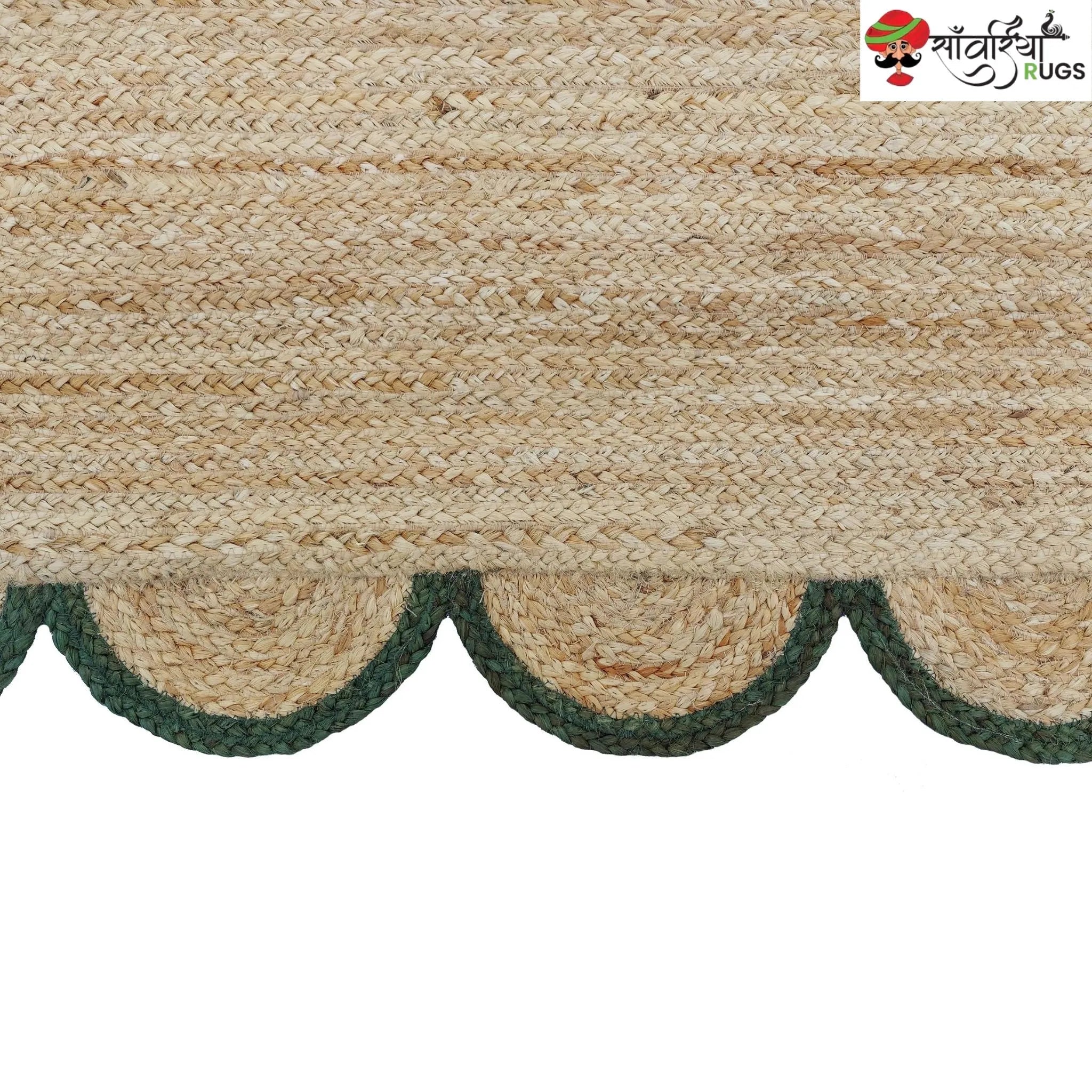 Handmade Braided Natural Jute Area Rug with Scalloped Border & Multicolor Design