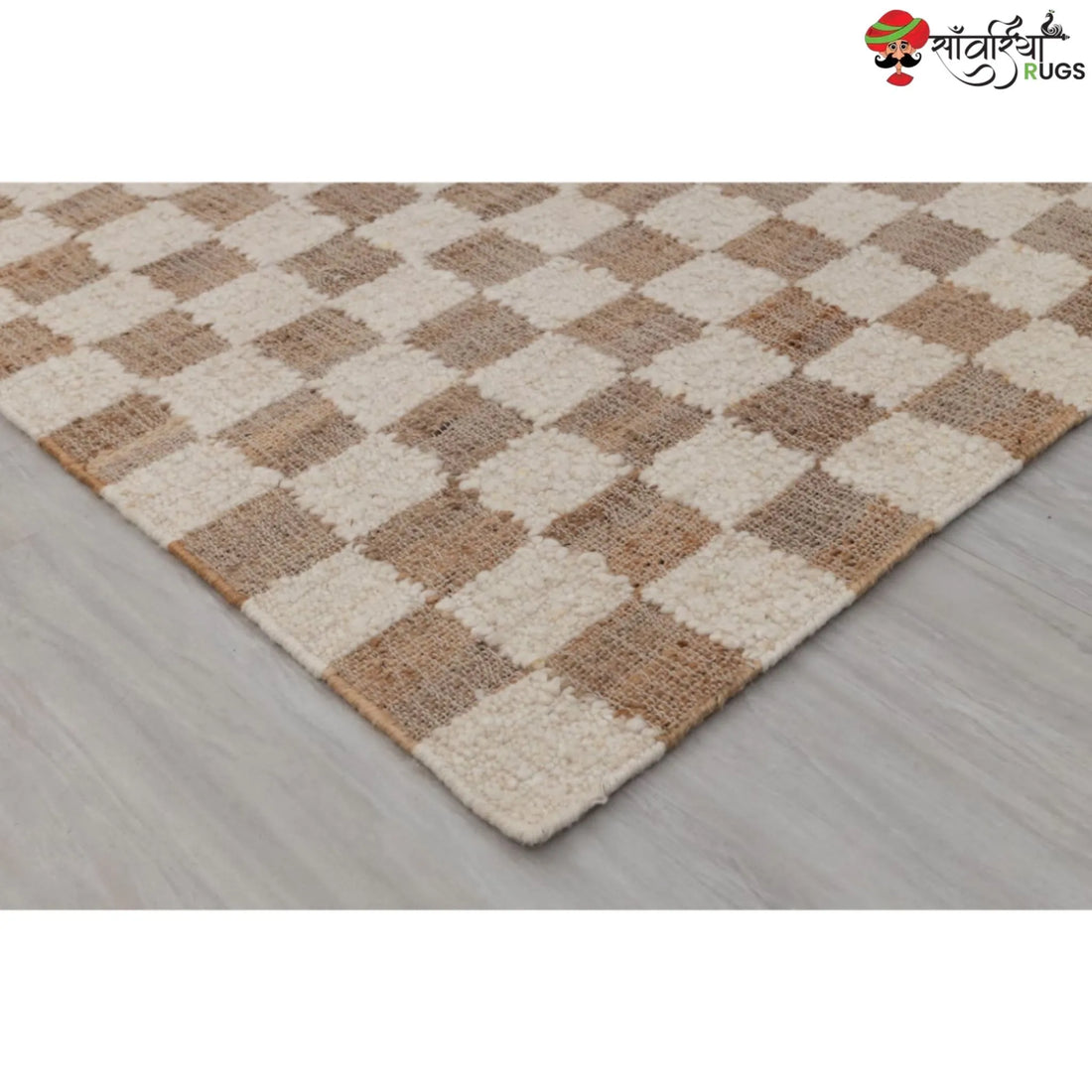 Handcrafted Checkered Jute Cotton Rug (Beige & White)