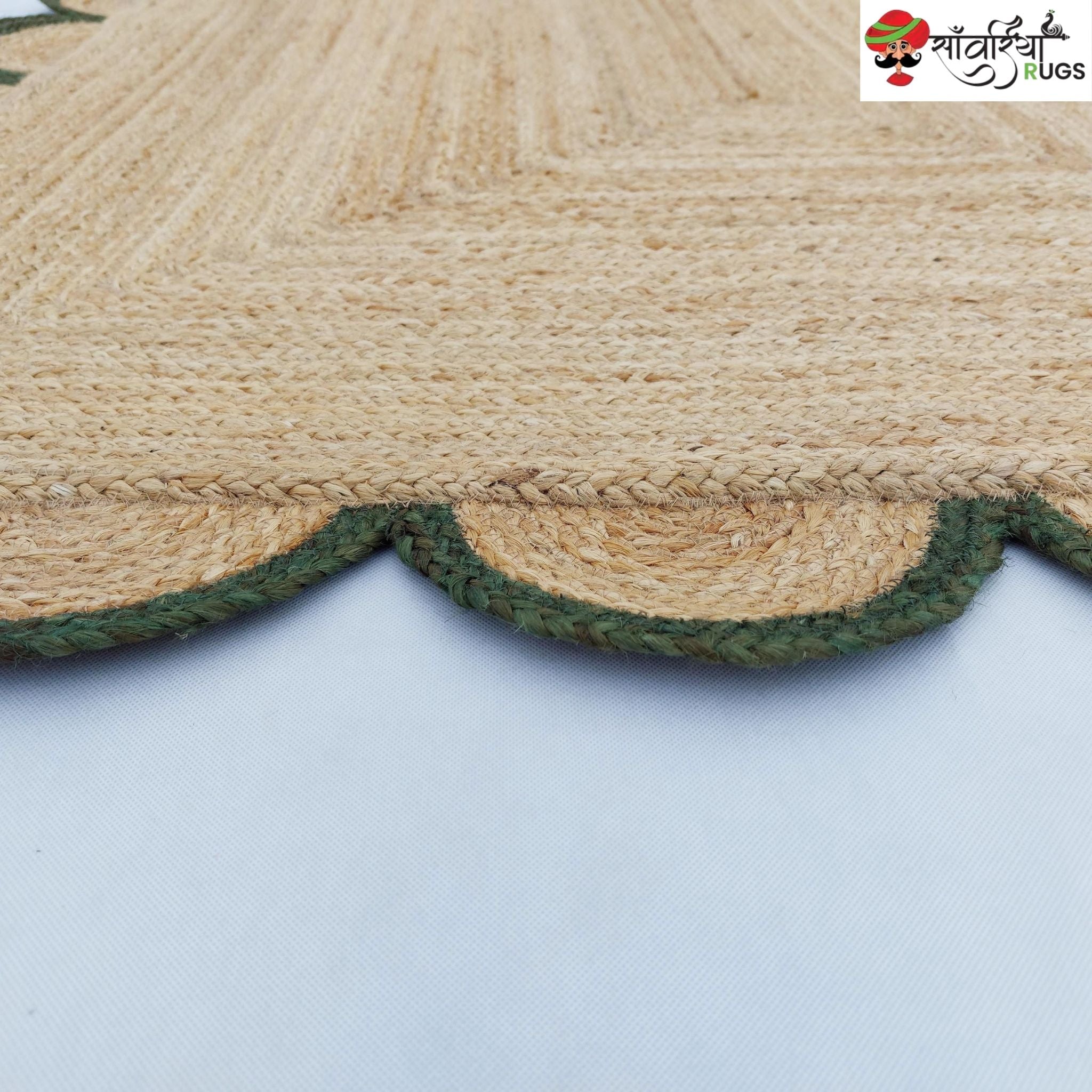 Handmade Braided Natural Jute Rug with Multicolor Scalloped Border