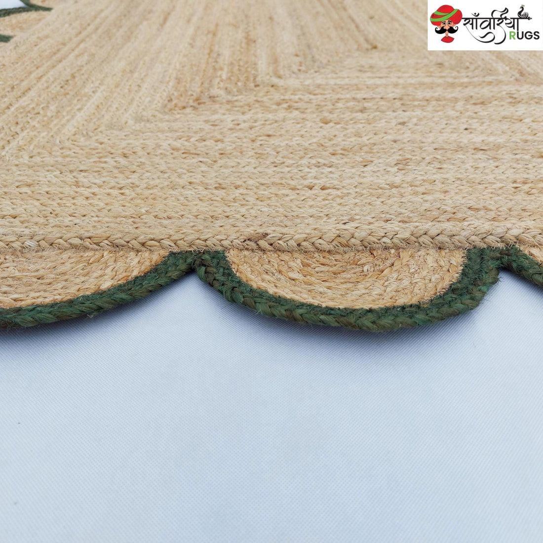 Handmade Braided Natural Jute Rug with Multicolor Scalloped Border
