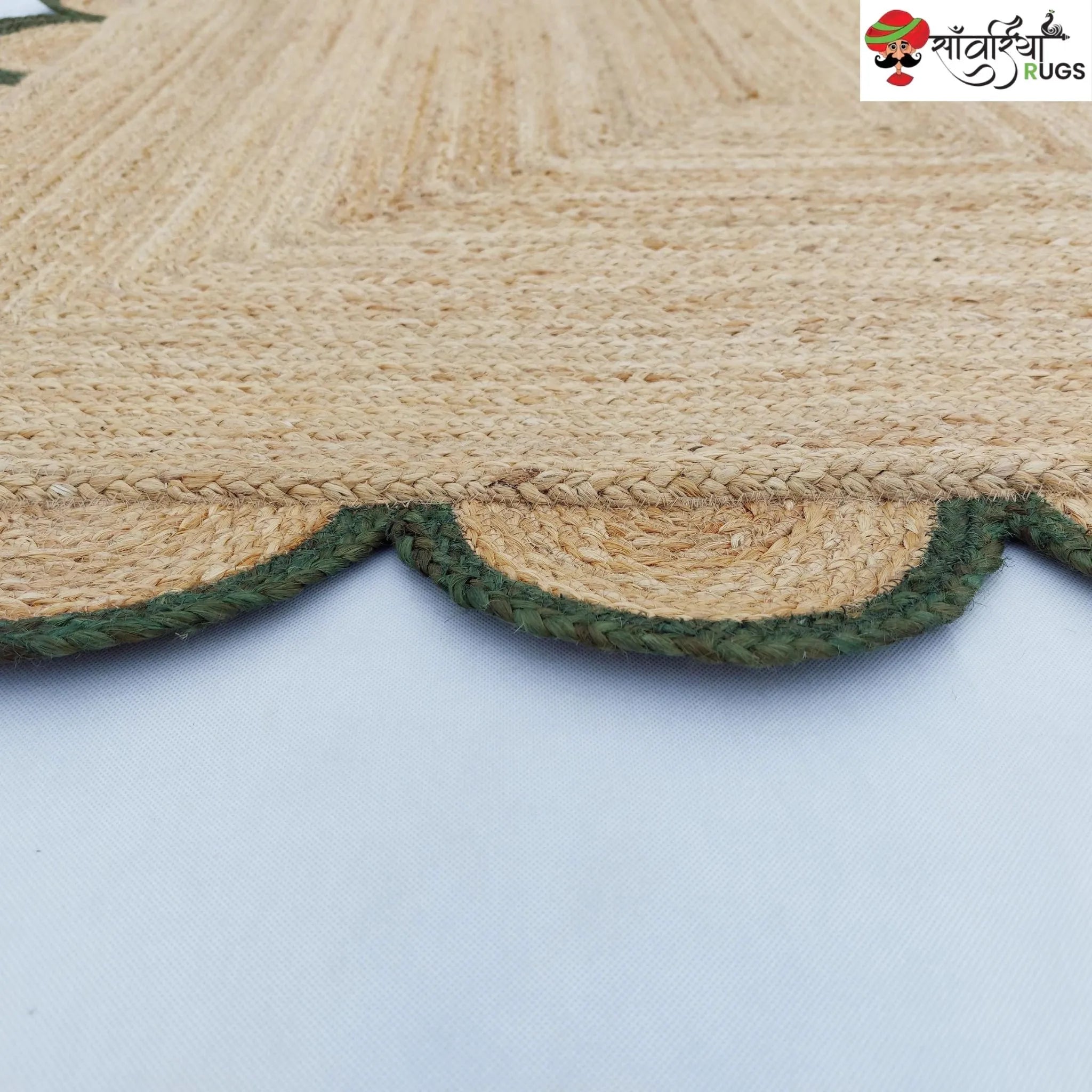 Handmade Braided Natural Jute Area Rug with Scalloped Border & Multicolor Design