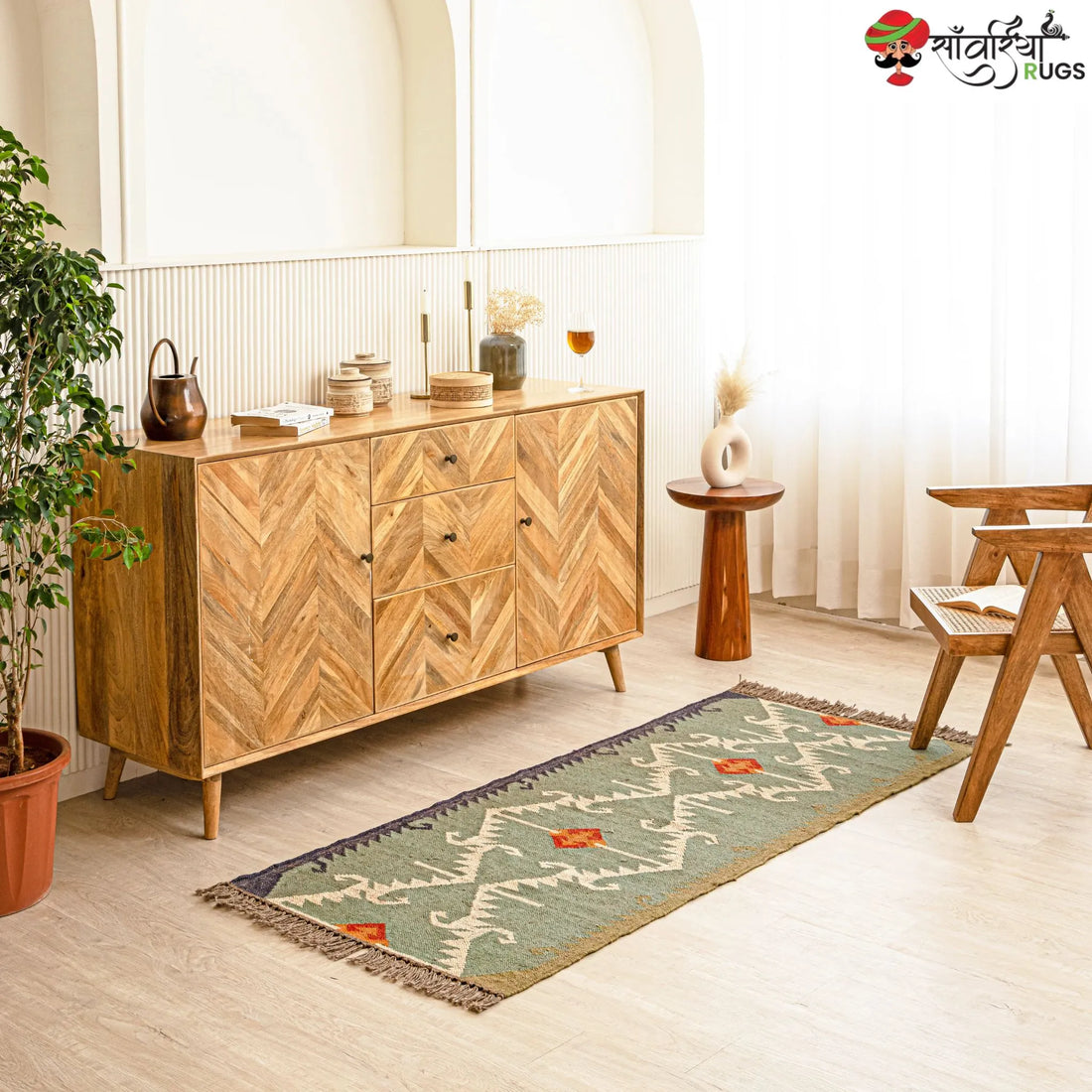 Handwoven Jute Wool Rustic Kilim Boho Area Rug – Flatweave Dhurrie