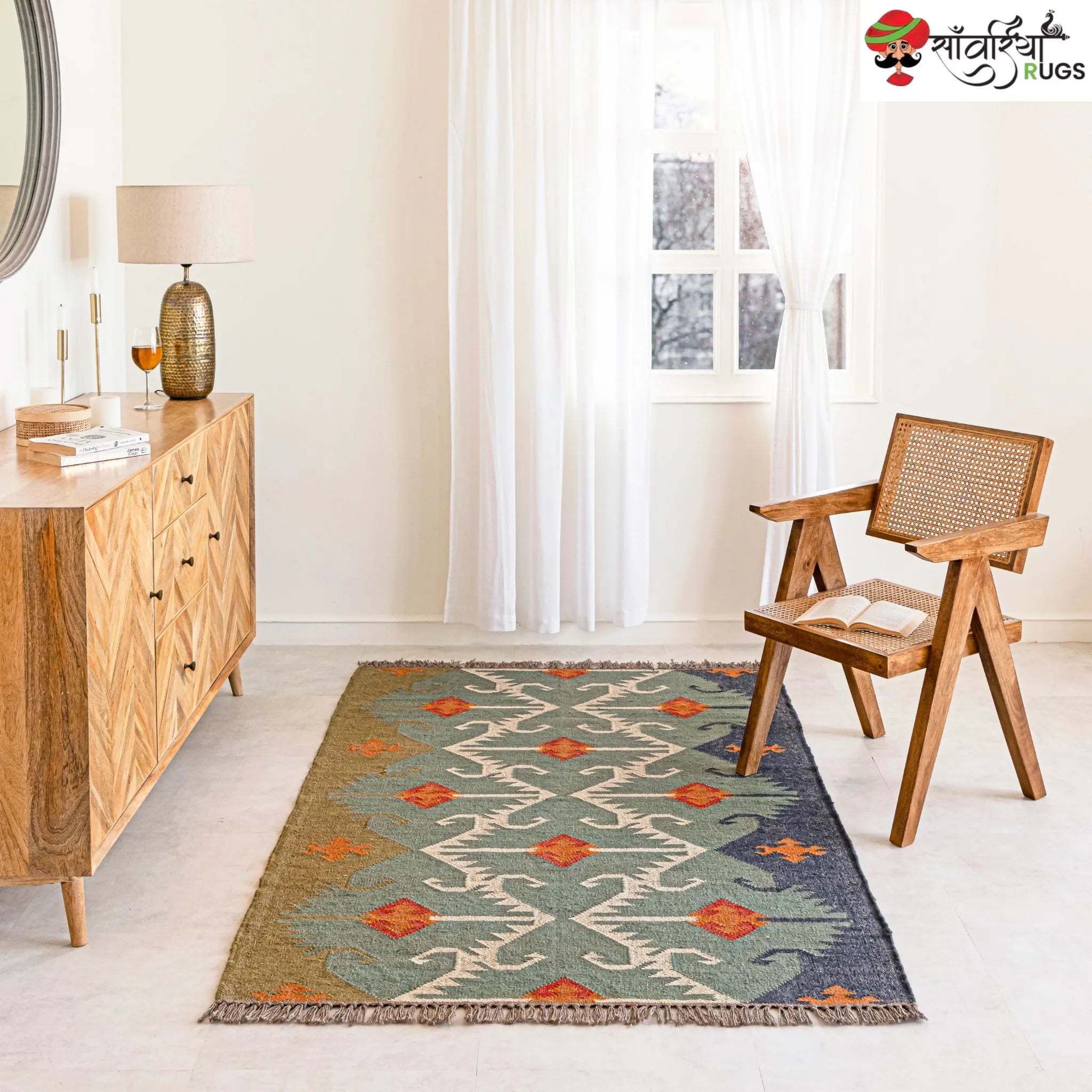 Handwoven Jute Wool Rustic Kilim Boho Area Rug – Flatweave Dhurrie