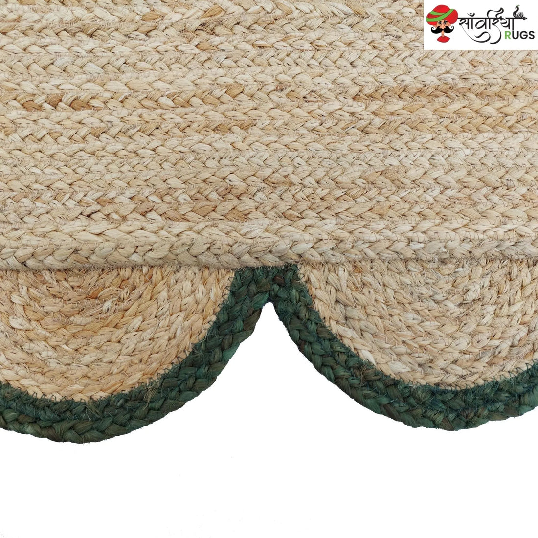 Handmade Braided Natural Jute Area Rug with Scalloped Border & Multicolor Design