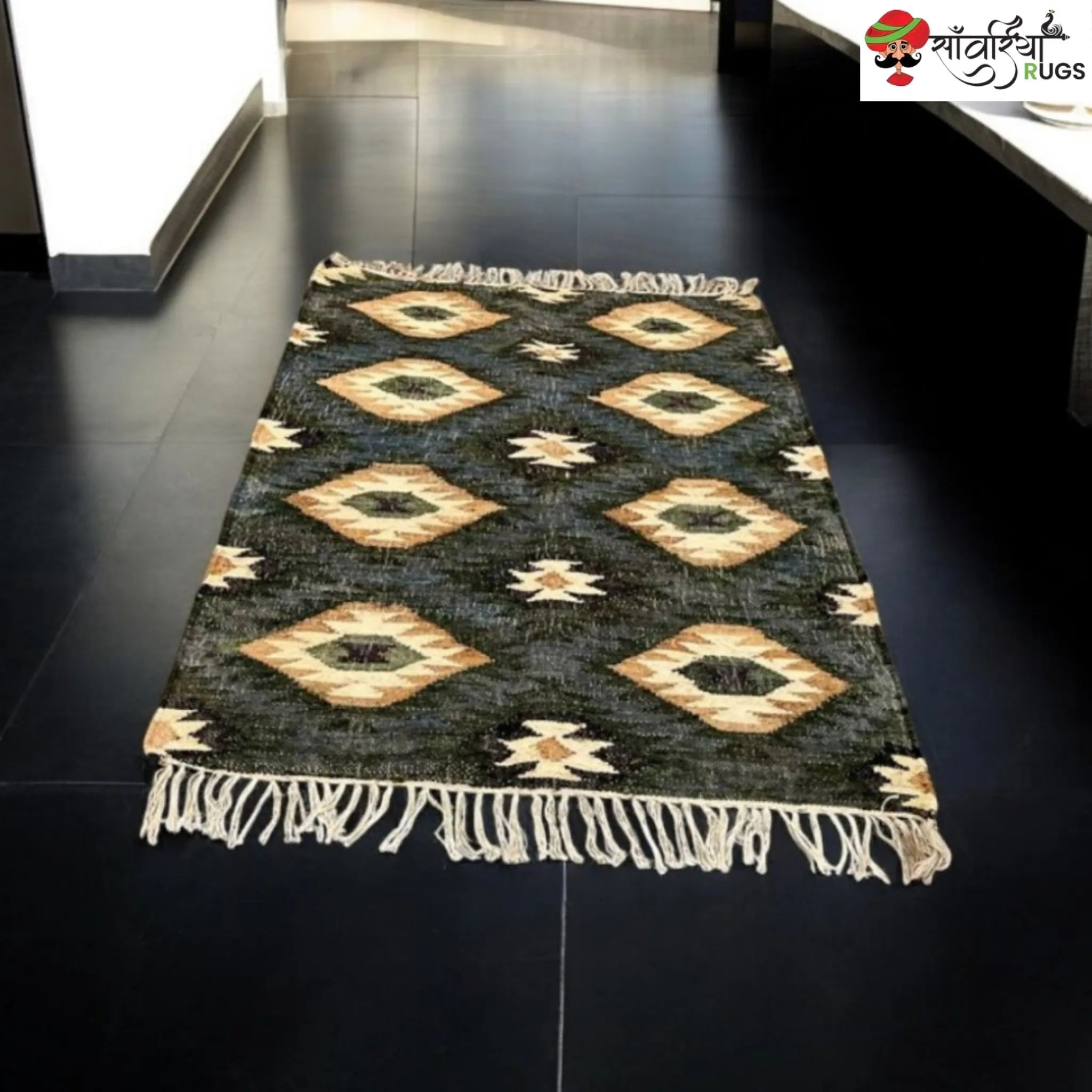 Handmade Cotton Jute Boho Rug with Natural Fringes