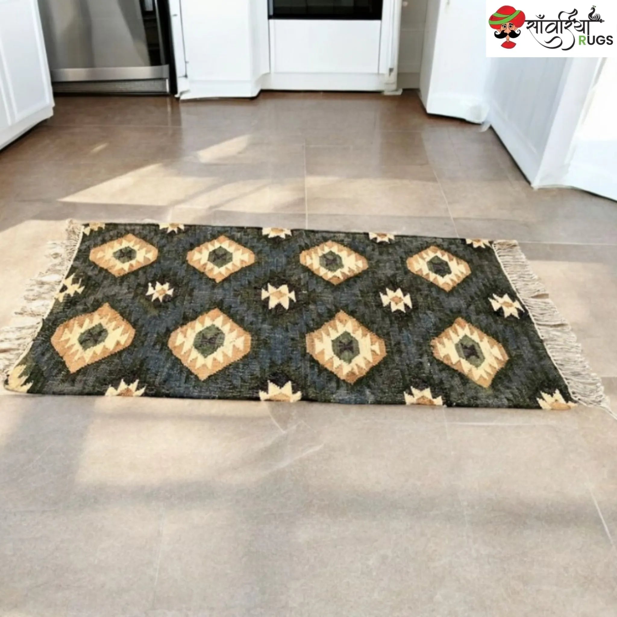 Handmade Cotton Jute Boho Rug with Natural Fringes