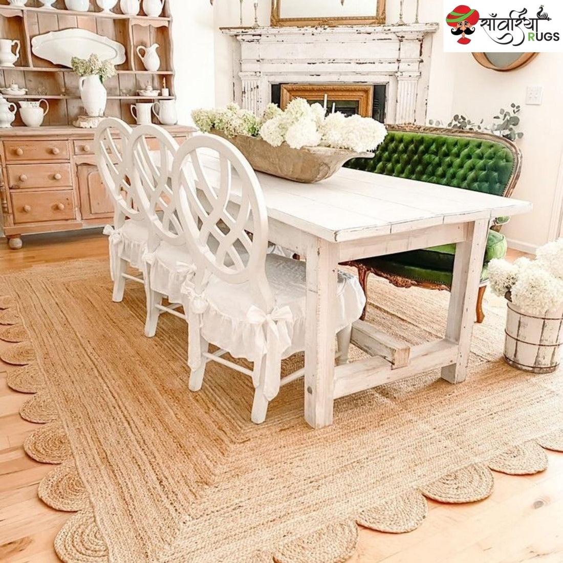 Handmade Braided Natural Jute Rug with Multicolor Scalloped Border