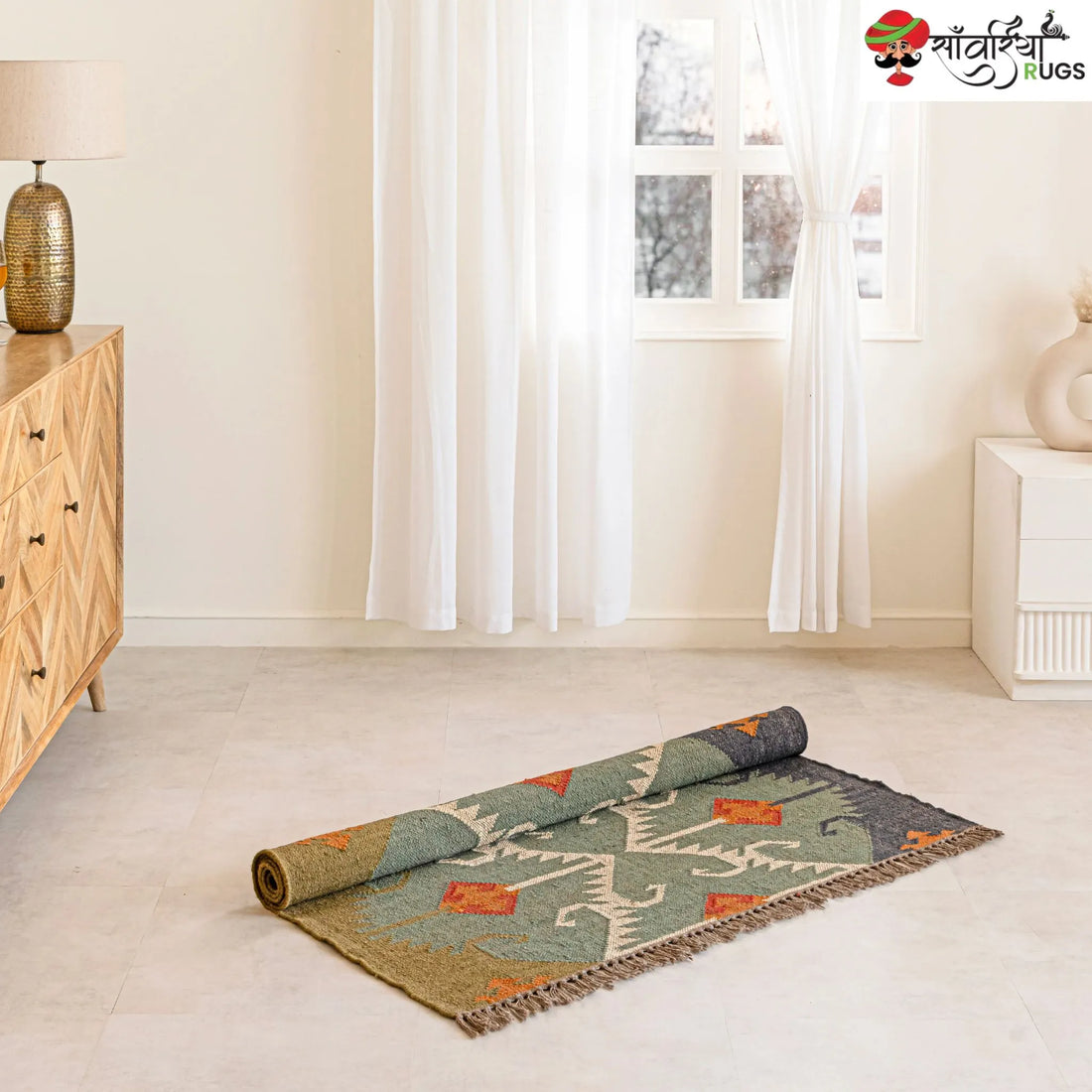 Handwoven Jute Wool Rustic Kilim Boho Area Rug – Flatweave Dhurrie