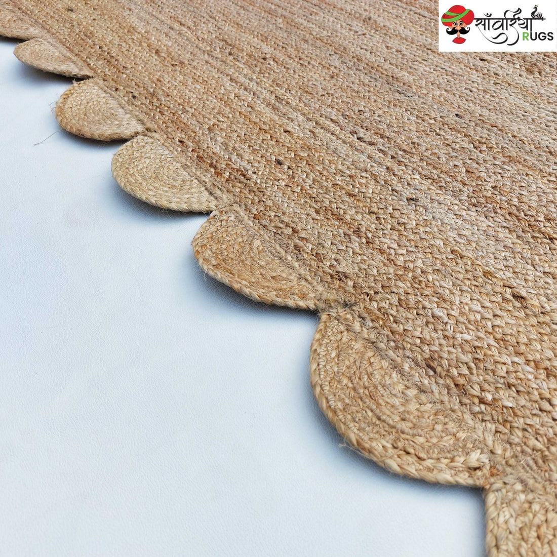 Handmade Braided Natural Jute Rug with Multicolor Scalloped Border