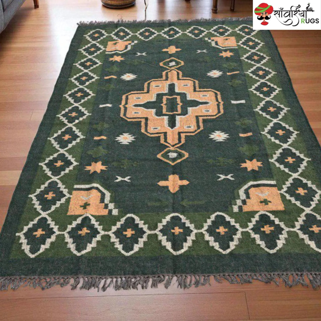 Handwoven Dhurrie Area Rug with Geometric Pattern