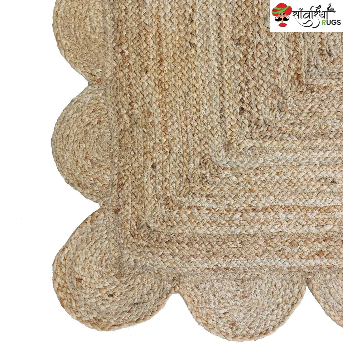 Handmade Braided Natural Jute Area Rug with Scalloped Border & Multicolor Design
