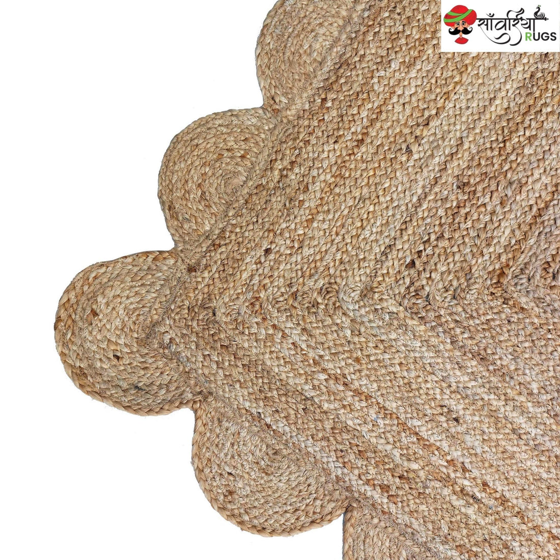 Handmade Braided Natural Jute Rug with Multicolor Scalloped Border