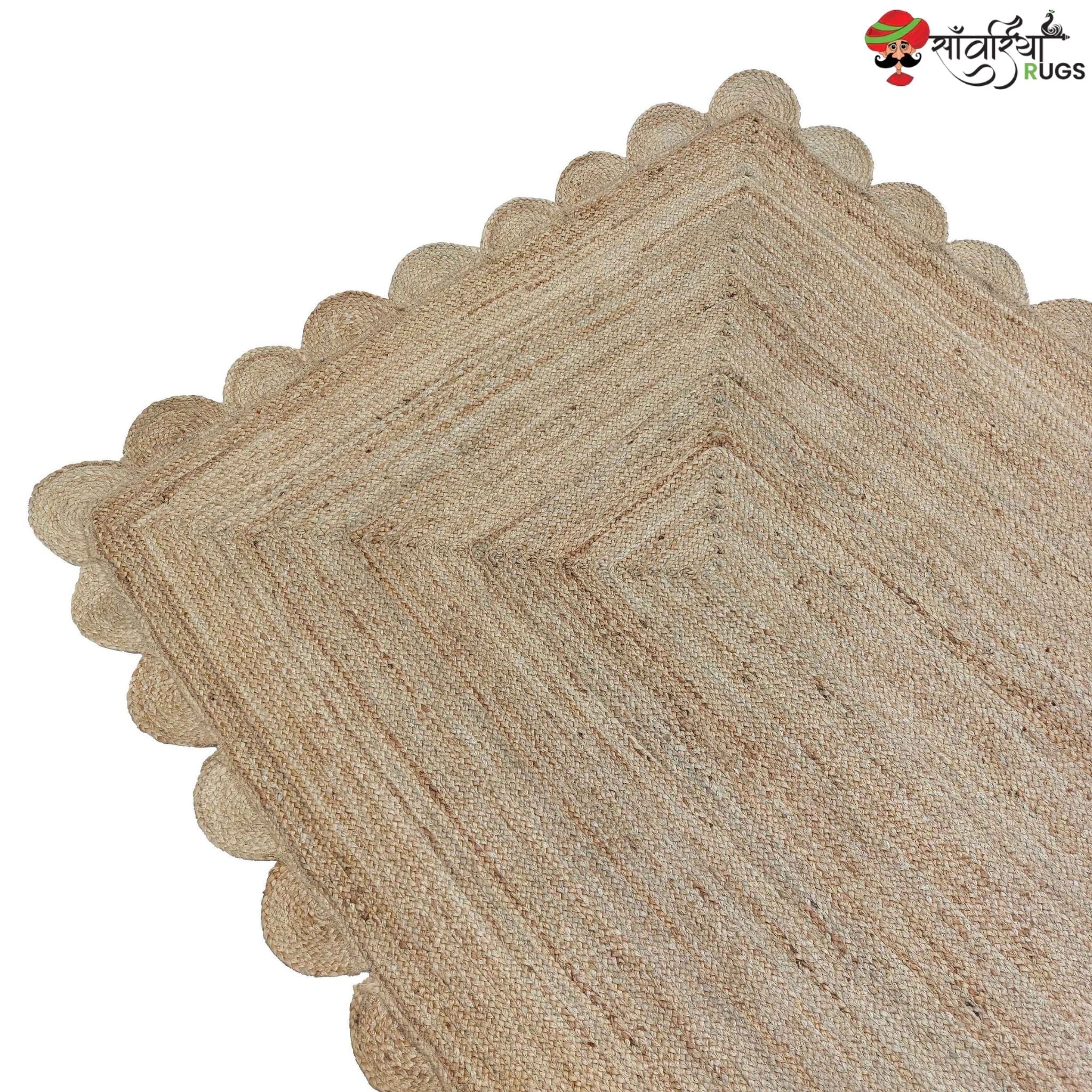 Handmade Braided Natural Jute Rug with Multicolor Scalloped Border