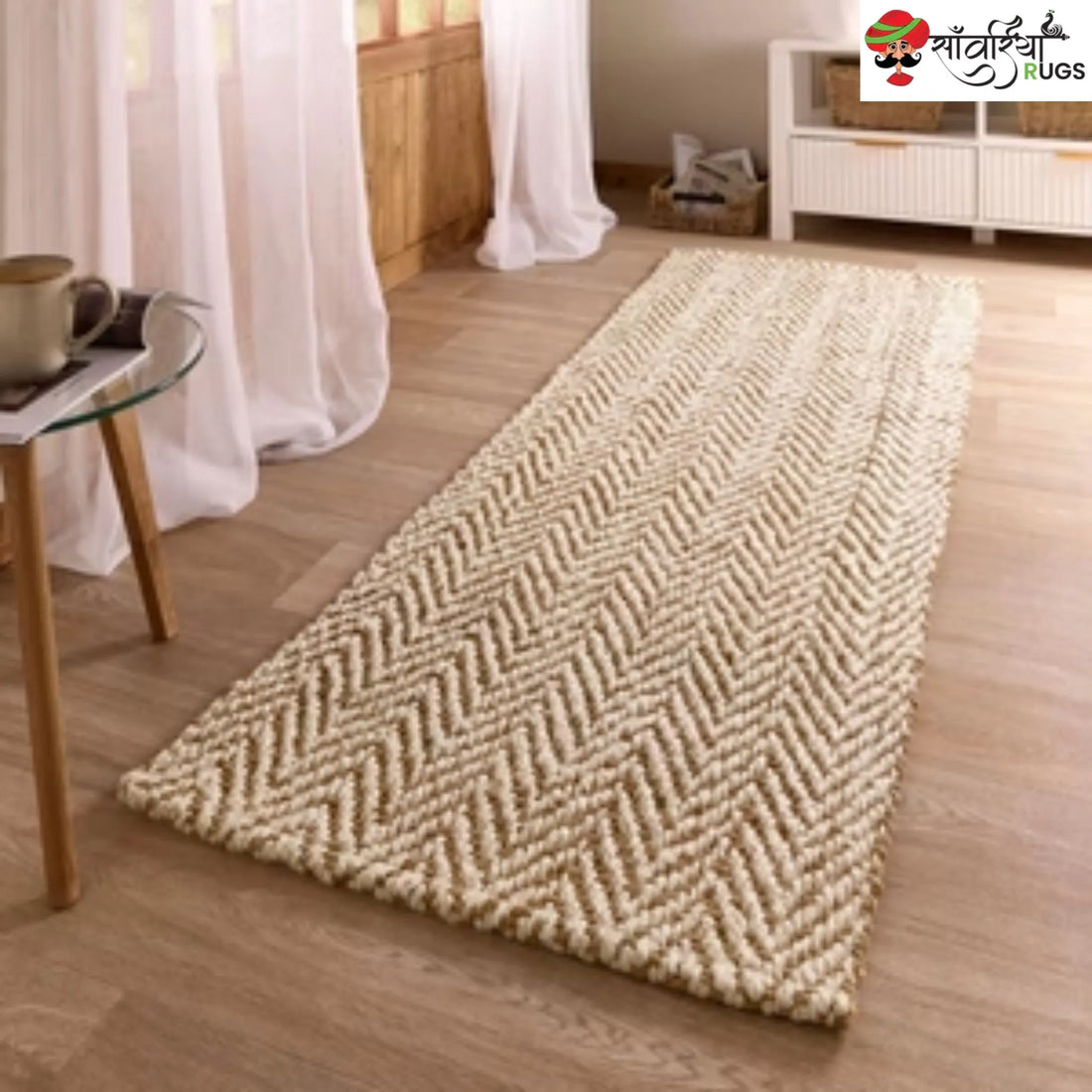 Handwoven Jute Herringbone Runner Rug for Hallway, Kitchen & Entryway