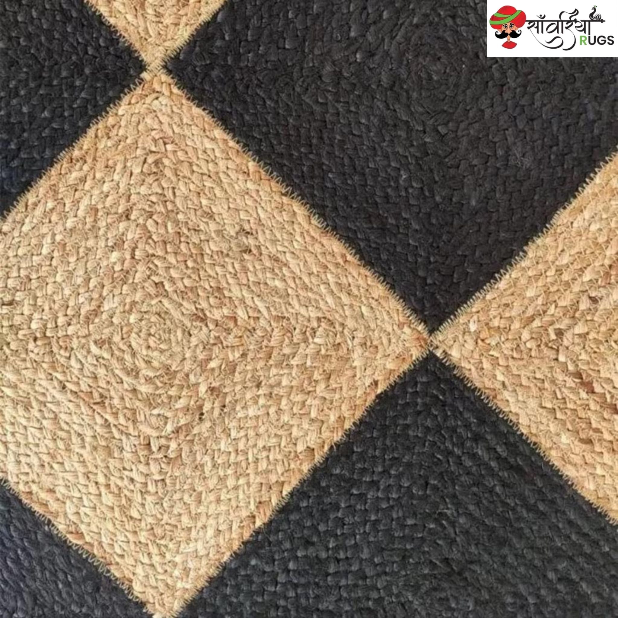 Handwoven Braided Jute Rug with Black Diamond Pattern & Tassels
