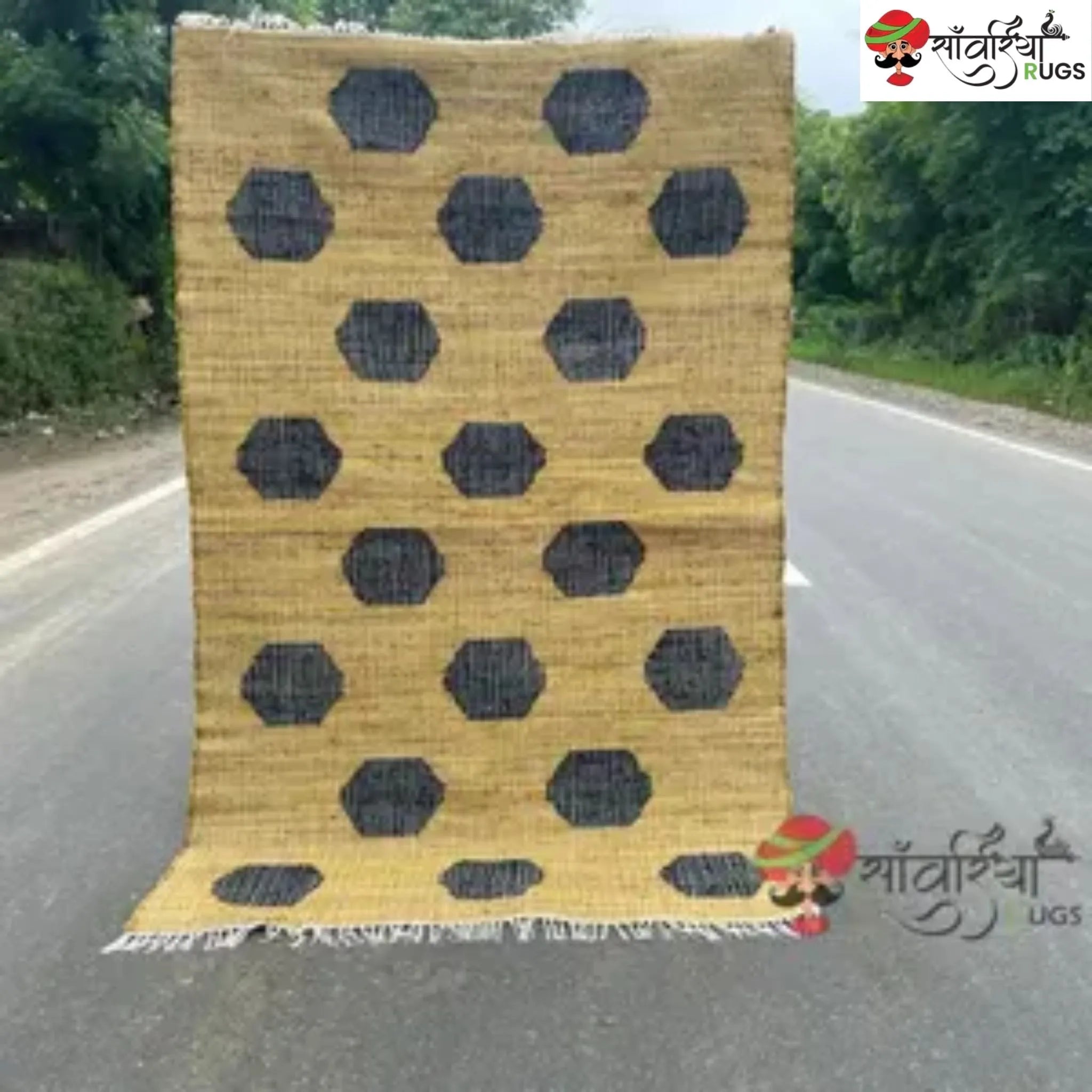 Handmade Yellow Black Jute Cotton Boho Geometric Rug