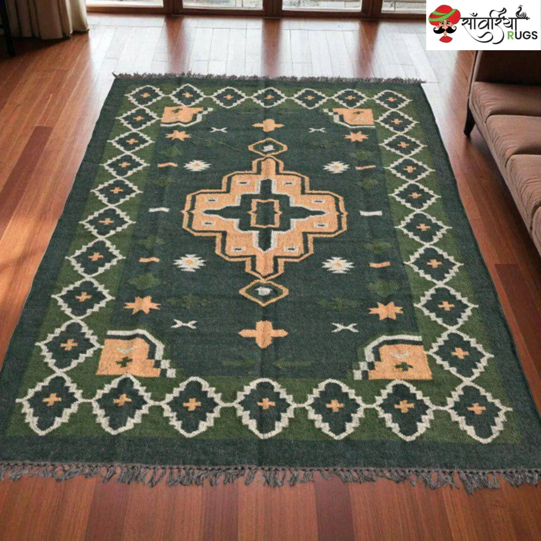 Handwoven Dhurrie Area Rug with Geometric Pattern