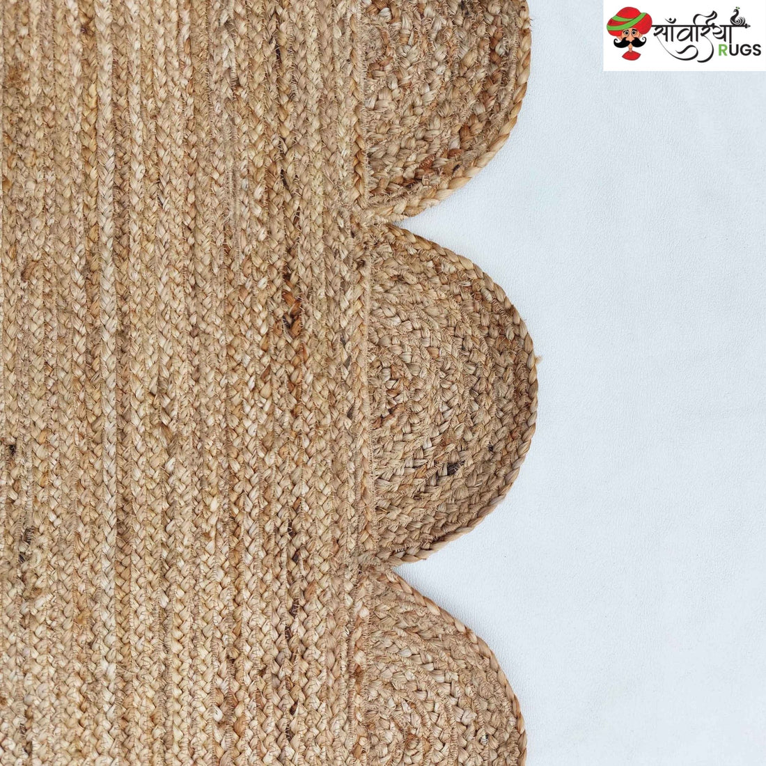 Handmade Braided Natural Jute Rug with Multicolor Scalloped Border