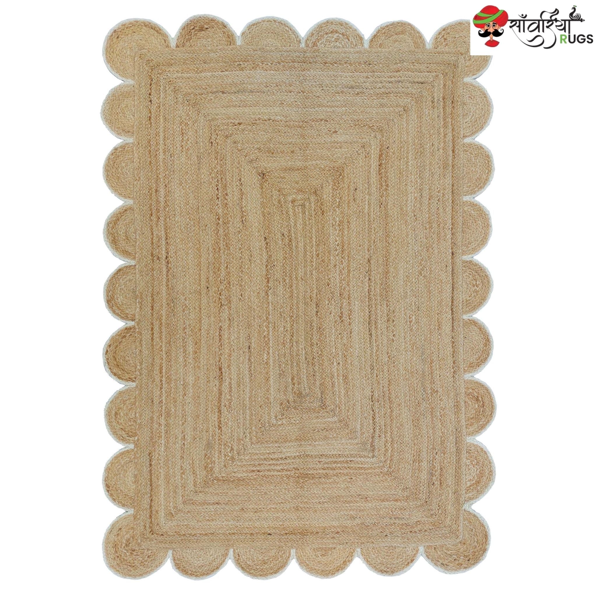 Handmade Braided Natural Jute Rug with Multicolor Scalloped Border