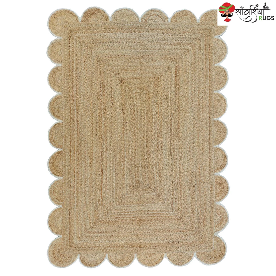 Handmade Braided Natural Jute Area Rug with Scalloped Border & Multicolor Design