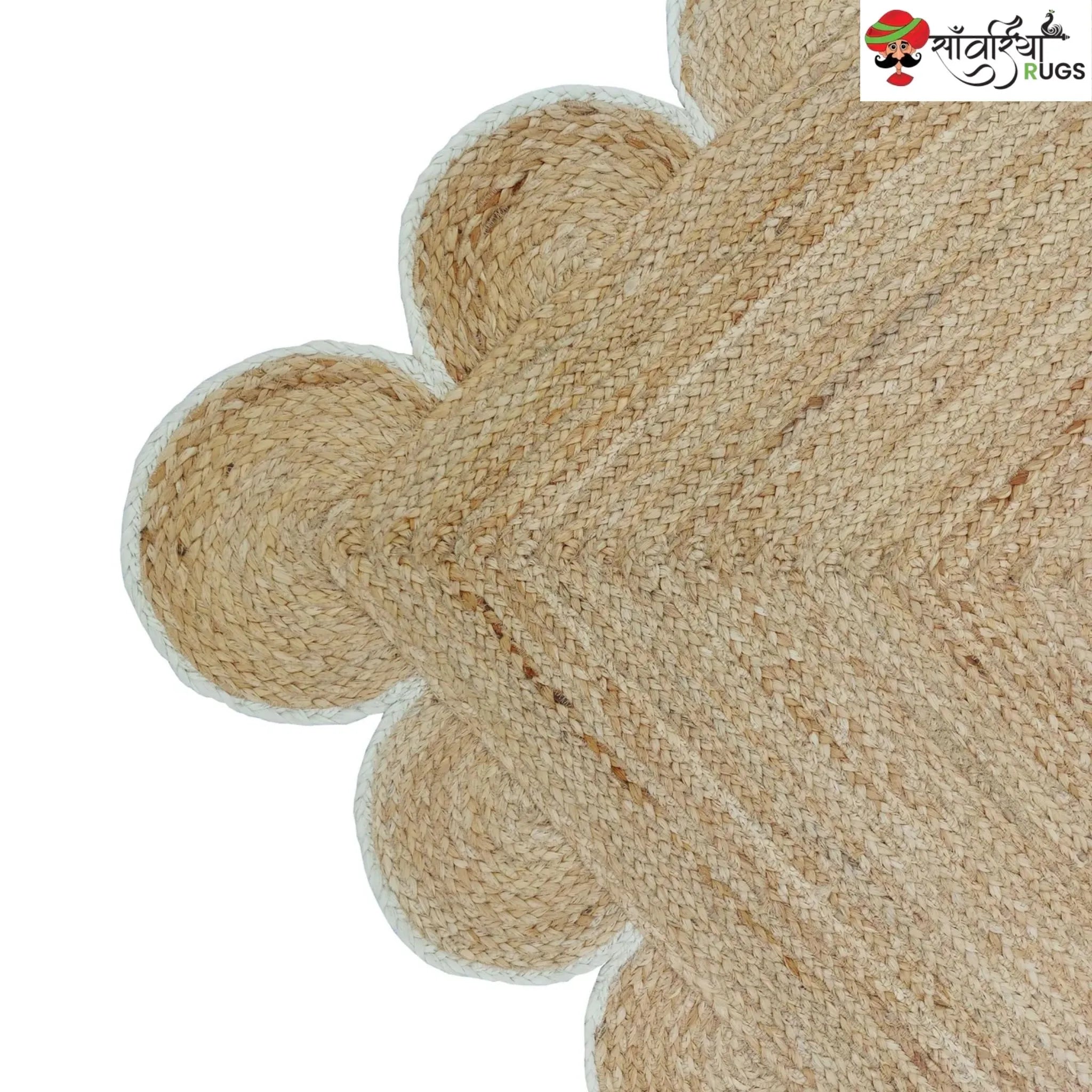 Handmade Braided Natural Jute Area Rug with Scalloped Border & Multicolor Design