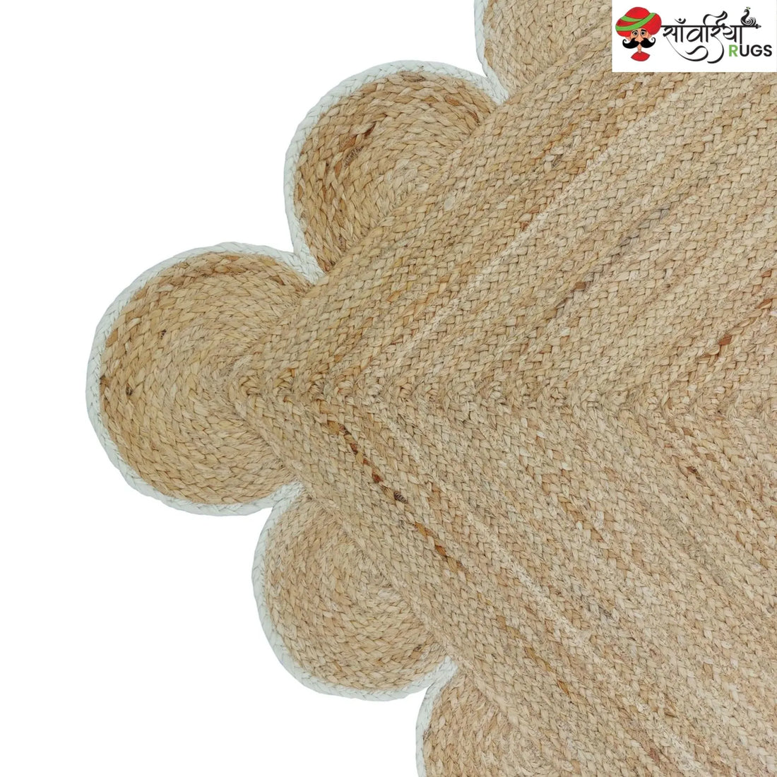 Handmade Braided Natural Jute Area Rug with Scalloped Border & Multicolor Design