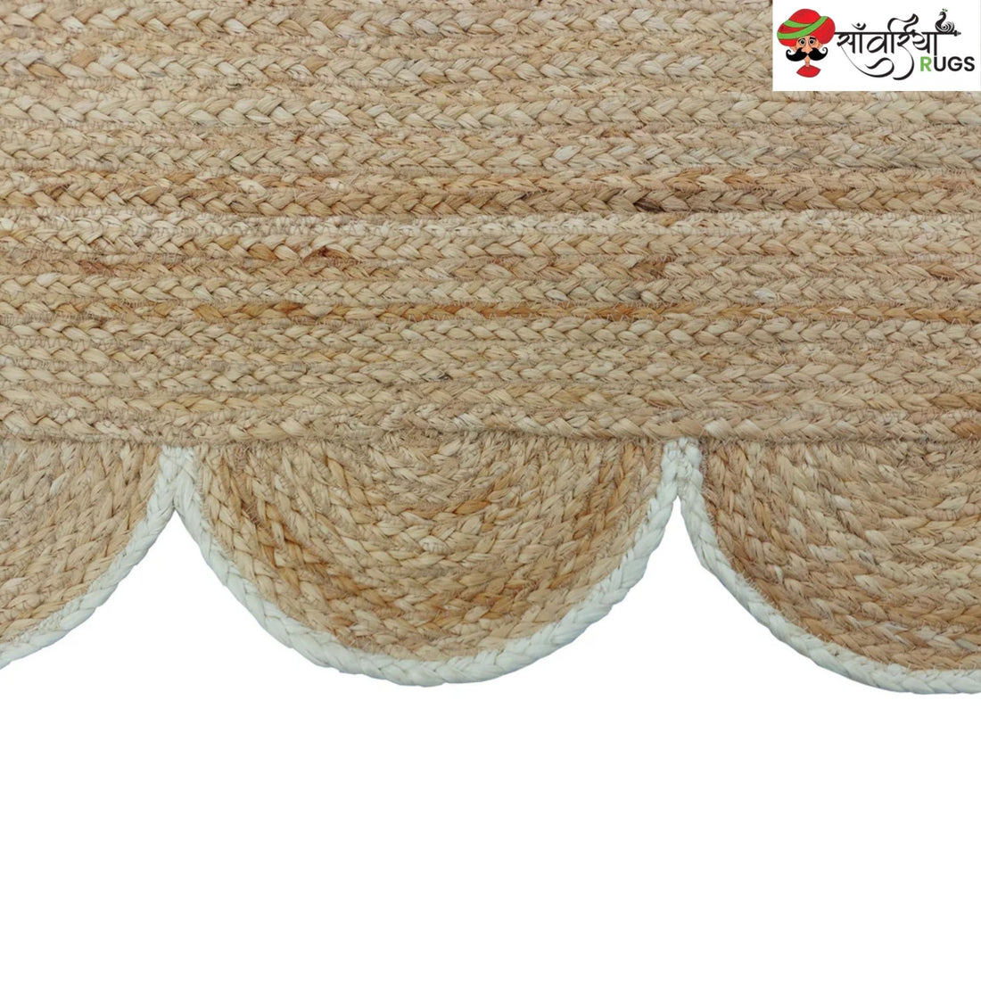 Handmade Braided Natural Jute Rug with Multicolor Scalloped Border