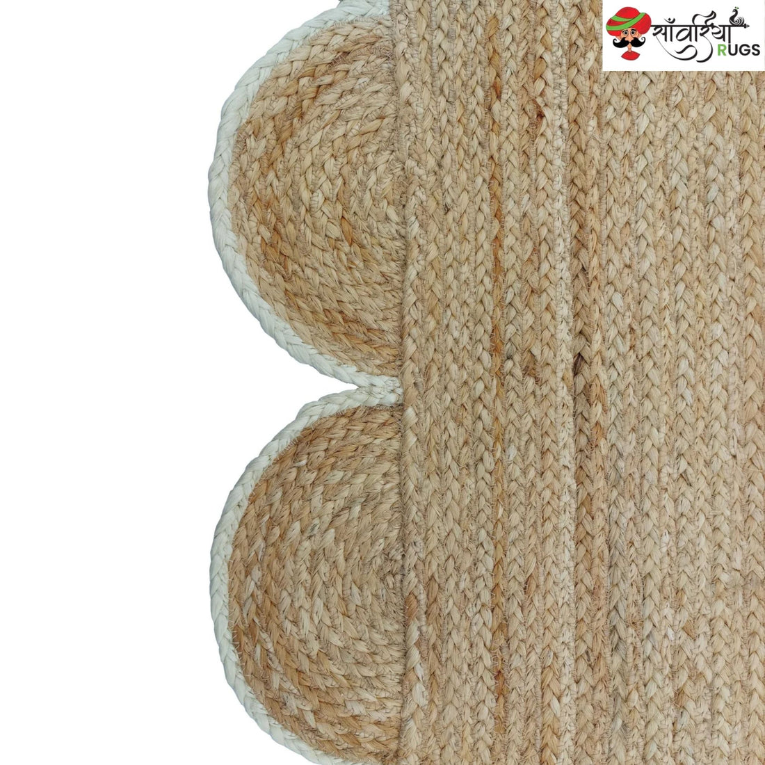 Handmade Braided Natural Jute Rug with Multicolor Scalloped Border