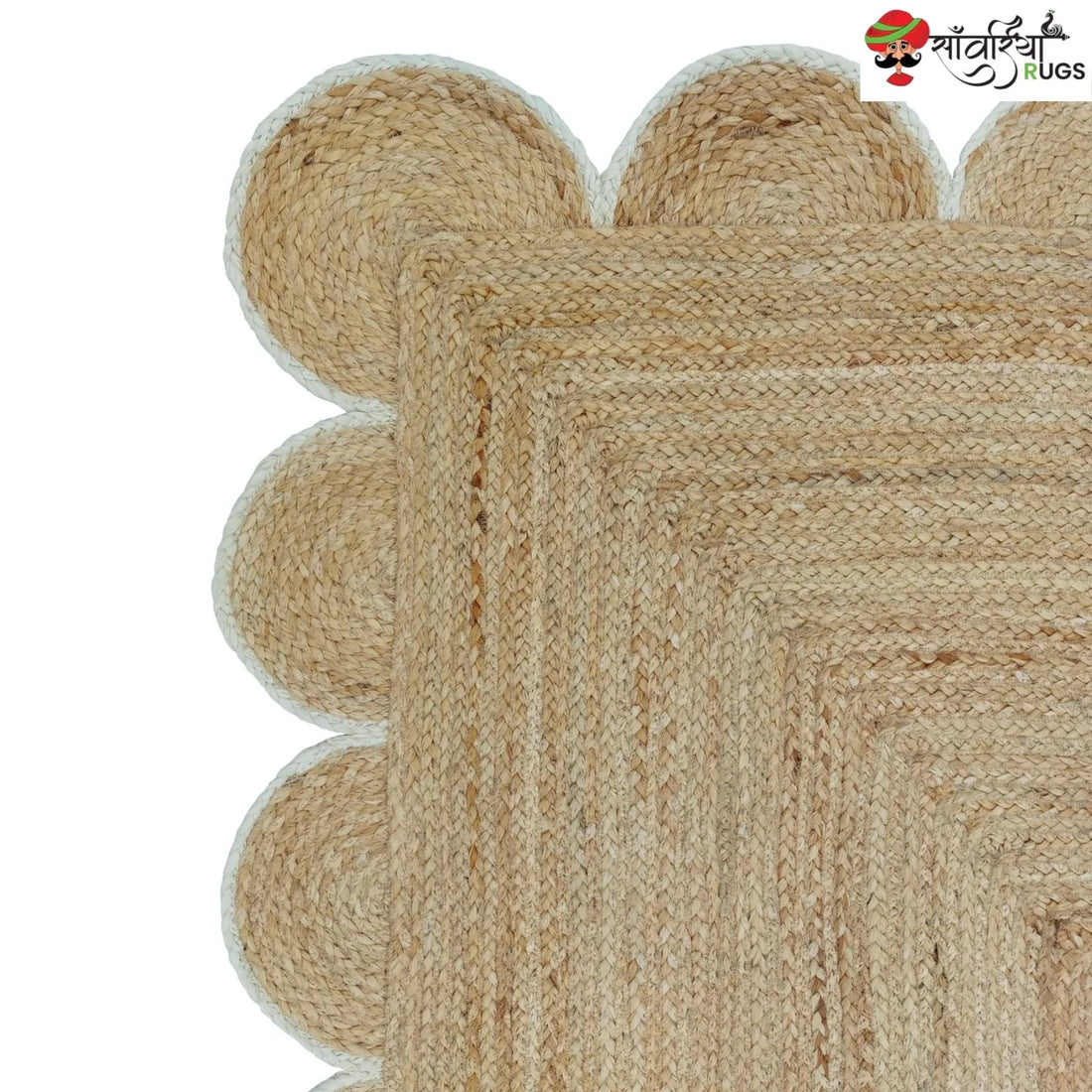 Handmade Braided Natural Jute Area Rug with Scalloped Border & Multicolor Design