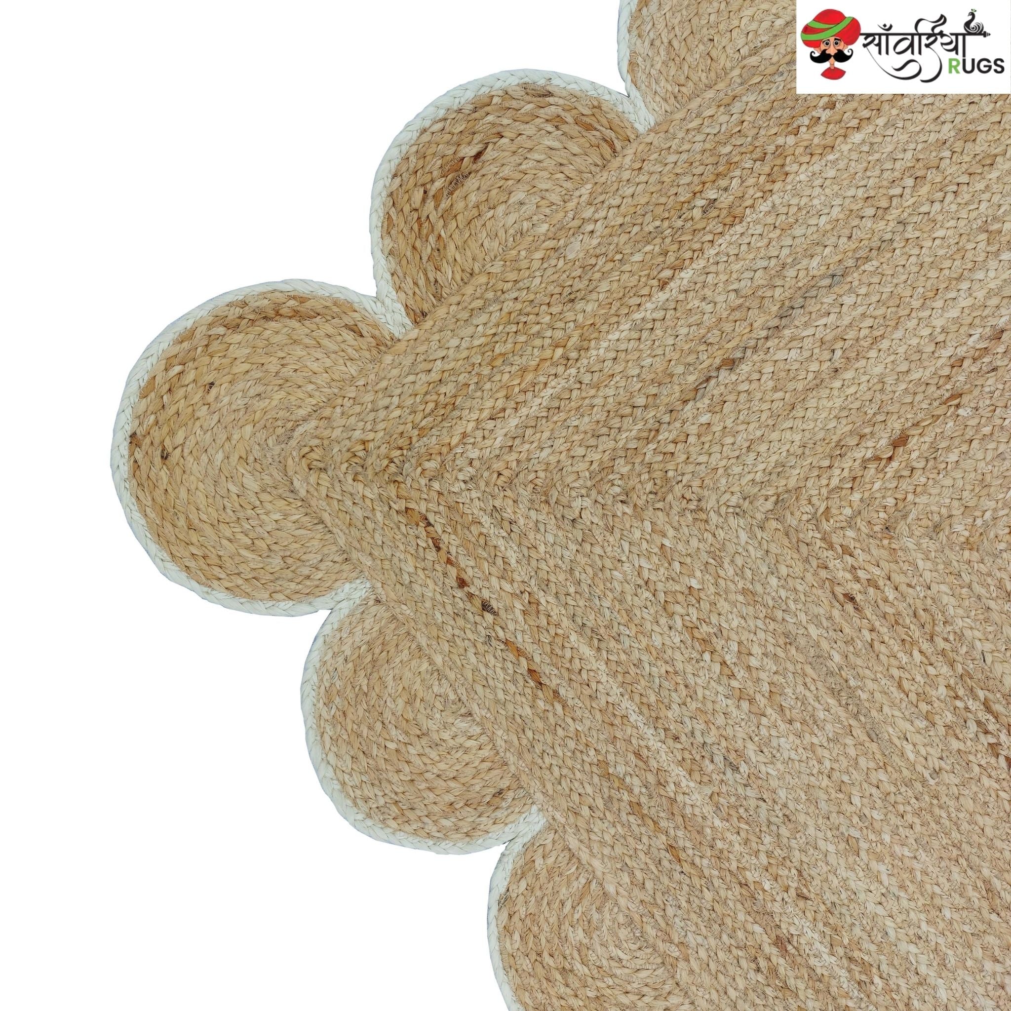 Handmade Braided Natural Jute Rug with Multicolor Scalloped Border
