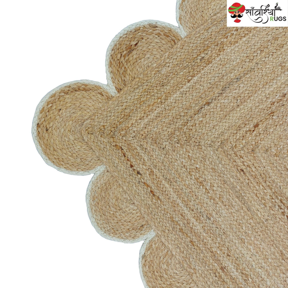 Handmade Braided Natural Jute Rug with Multicolor Scalloped Border