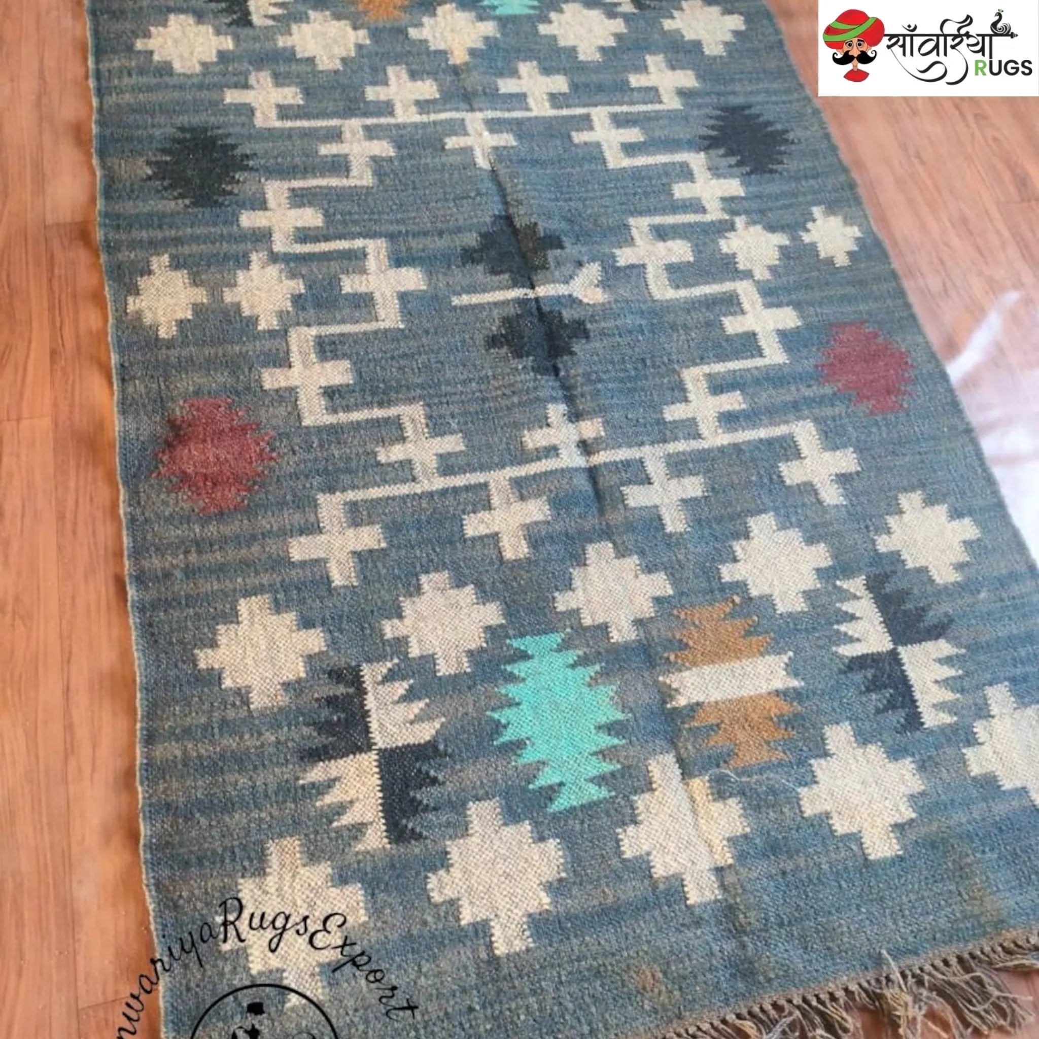 Handwoven Wool Jute Kilim Rug: Traditional Indian Dhurrie