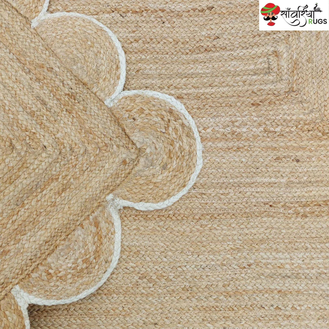 Handmade Braided Natural Jute Rug with Multicolor Scalloped Border