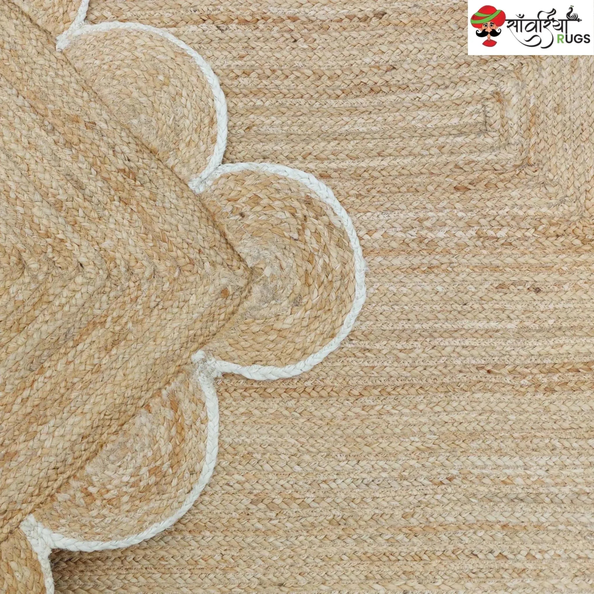 Handmade Braided Natural Jute Area Rug with Scalloped Border & Multicolor Design