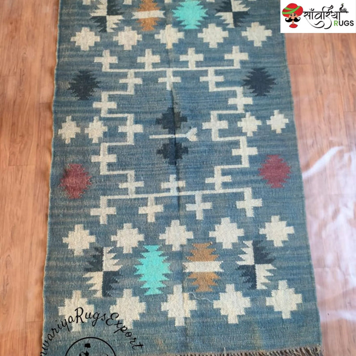Handwoven Kilim Rug – Wool Jute Blue Geometric Design