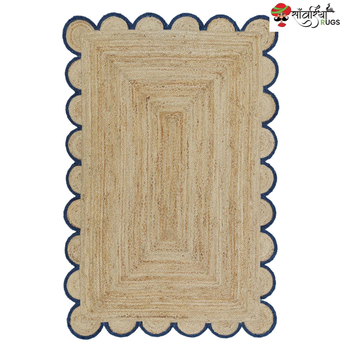 Handmade Braided Natural Jute Rug with Multicolor Scalloped Border