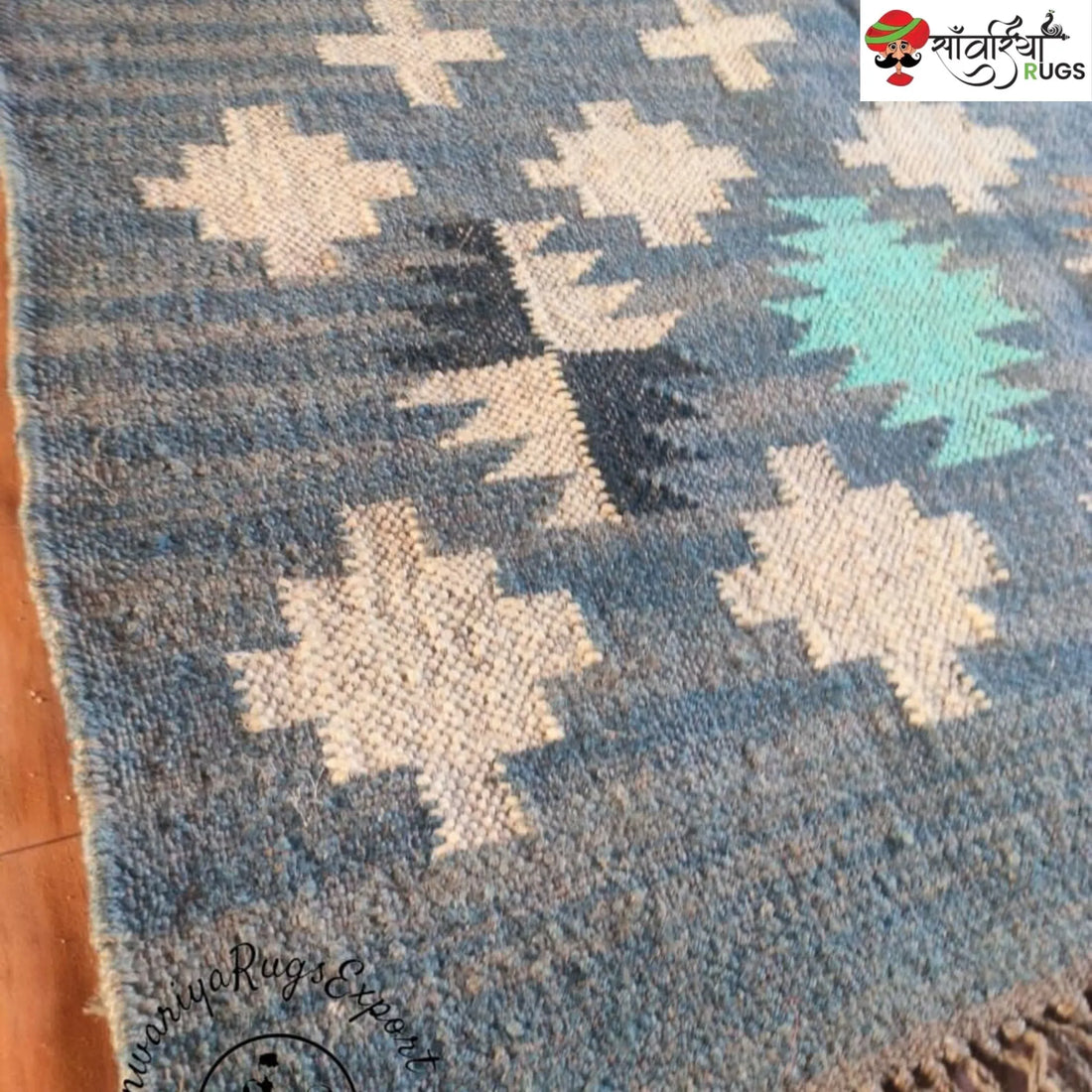 Handwoven Kilim Rug – Wool Jute Blue Geometric Design