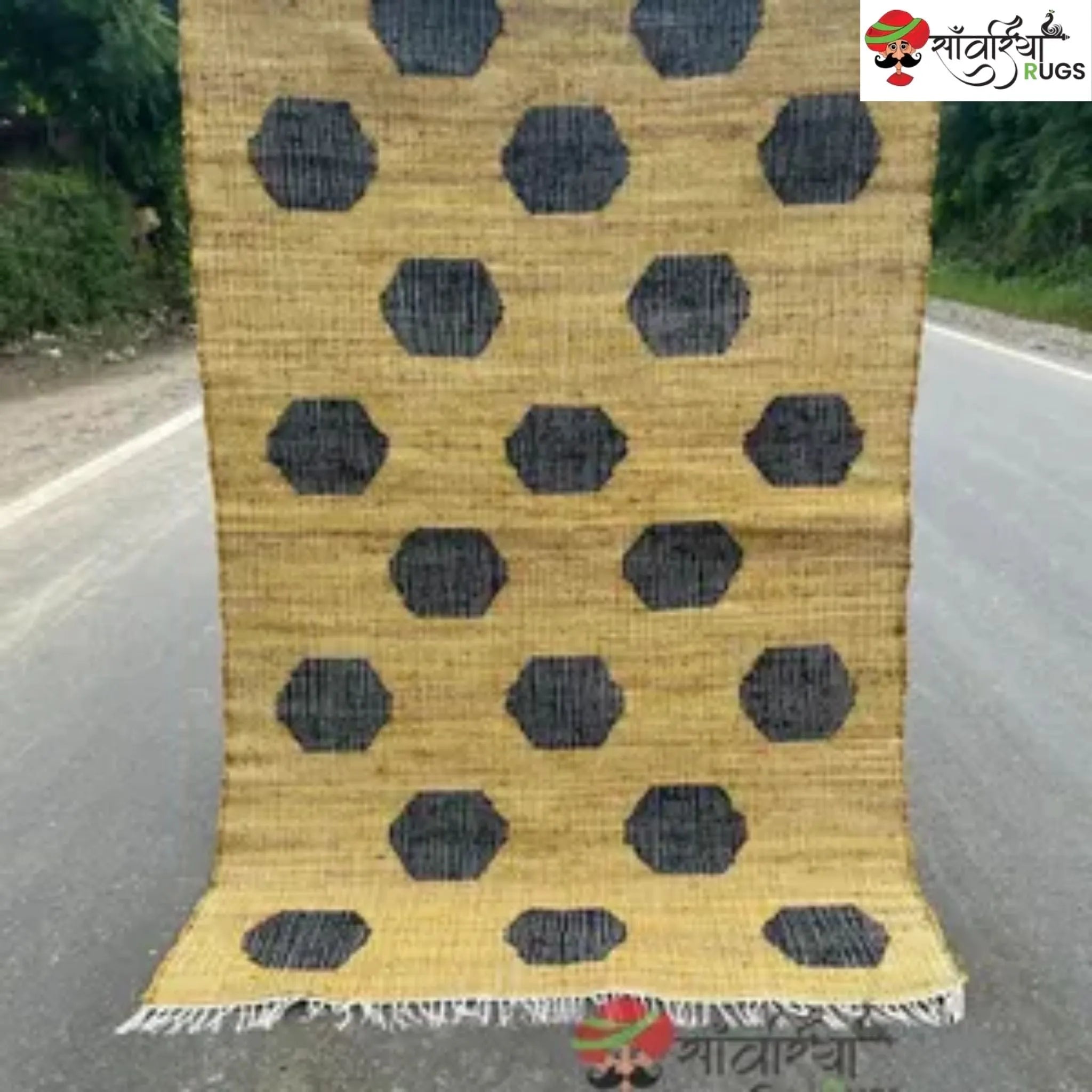 Handmade Yellow Black Jute Cotton Boho Geometric Rug