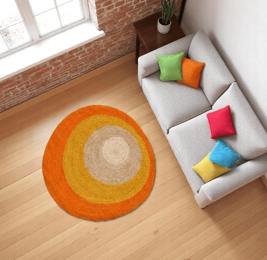 Handwoven Multicolor Gradient Round Jute Rug – Braided Boho Design