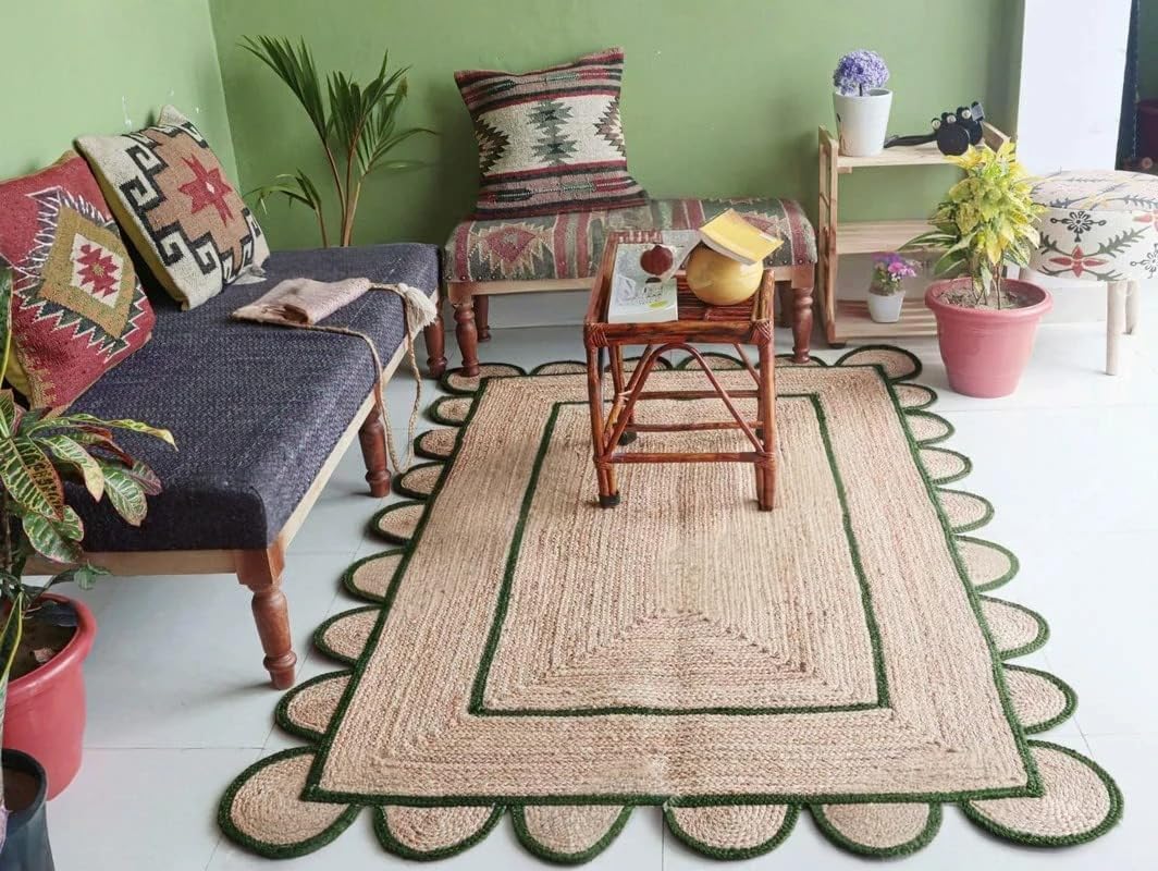 Scalloped Edge Hand Braided Jute Rectangle Rug with Custom Color Border