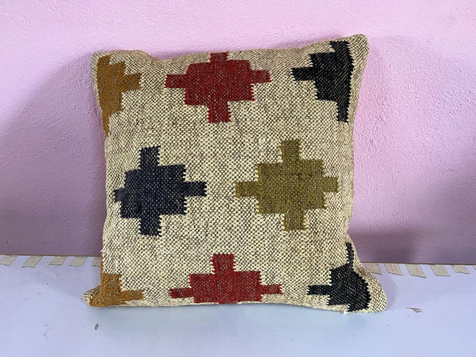 4 Set of Handmade Kilim Cushion Covers | Vintage Bohemian Throw Pillows | Wool & Jute Turkish Pillow Set for Home Decor