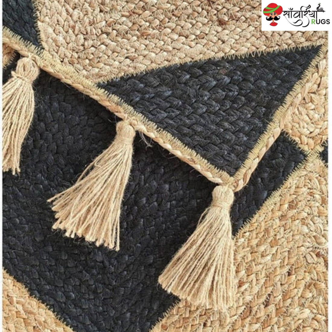 Handwoven Braided Jute Rug with Black Diamond Pattern & Tassels