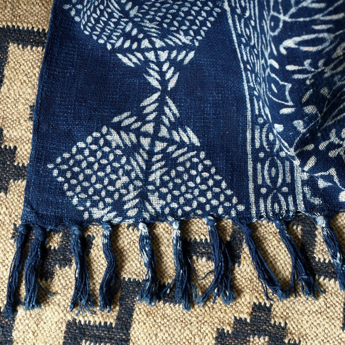 Navy Blue Botanical Throw Blanket with Fringe | Sanwariya Rugs