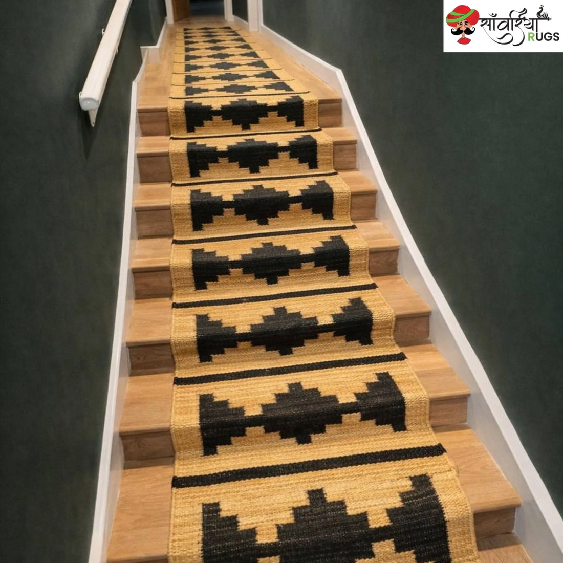 Handmade wool and jute stair runner rug with black diamond pattern