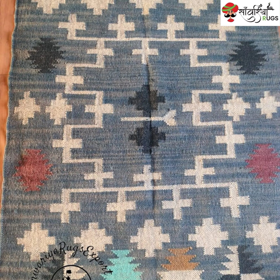 Handwoven Kilim Rug – Wool Jute Blue Geometric Design