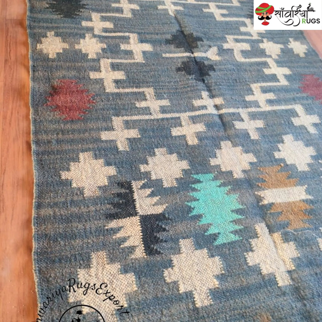 Handwoven Kilim Rug – Wool Jute Blue Geometric Design