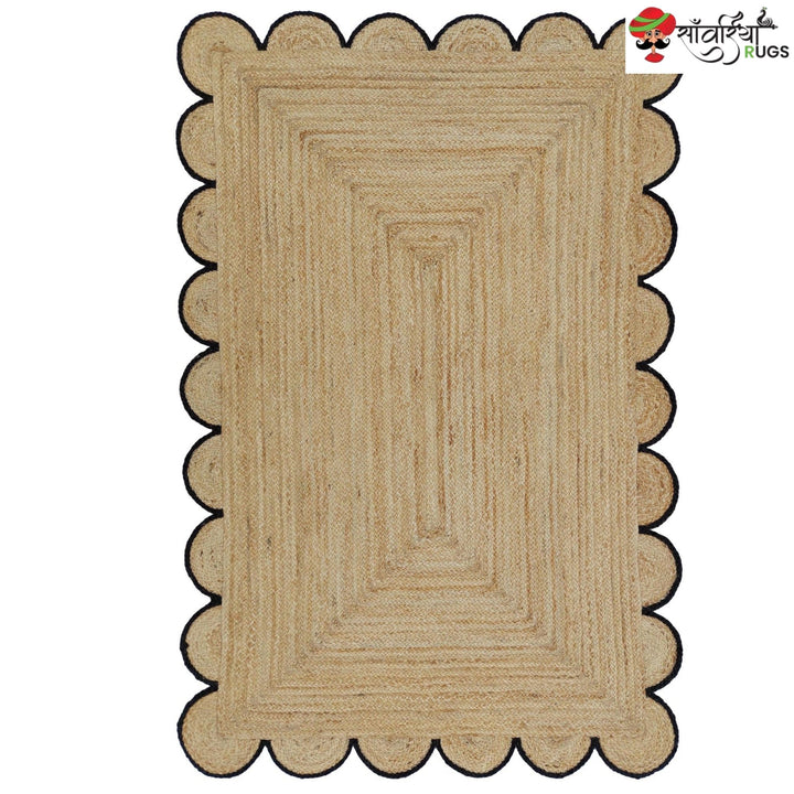 Handmade Braided Natural Jute Rug with Multicolor Scalloped Border